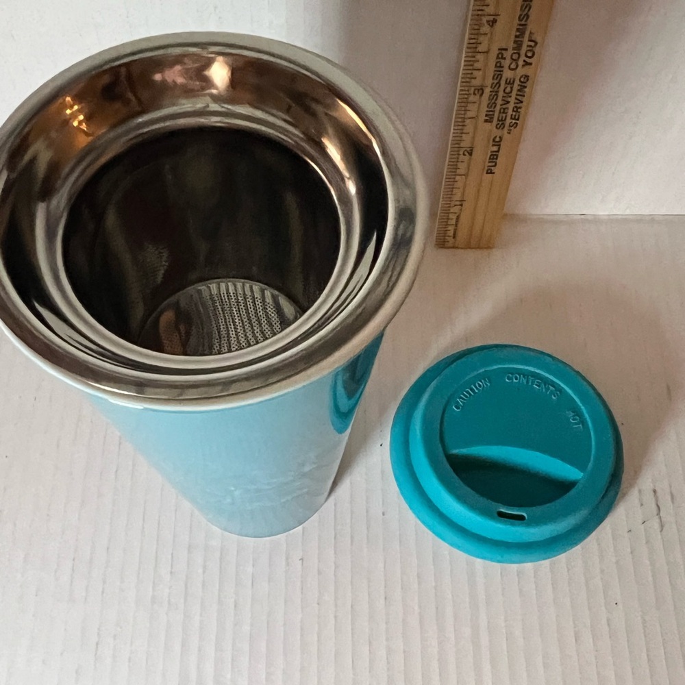 Teal Blue Sipology Ceramic Travel Mug/Cup w/ Infuser and Silicone Lid. - Picture 2 of 5